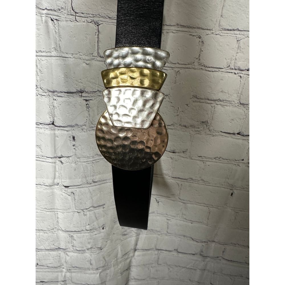 CHICOS  Hammered Metal Belt with Multi-Tone Buckle Black Leather Strap Boho Chic